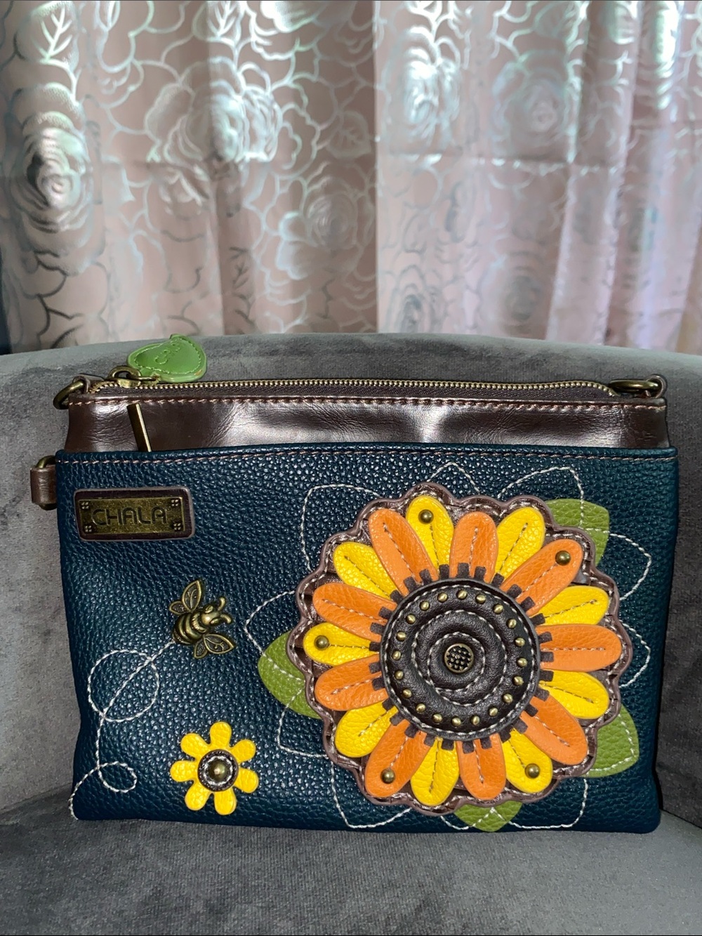 Chala Sunflower Mini Crossbody Clutch Wallet Faux Leather Blue No Straps